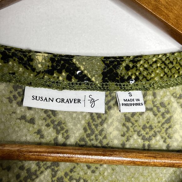 Susan Graver Green Snake Print Sequin Tunic Top Small Glam Animal Cold Shoulder - Picture 4 of 8